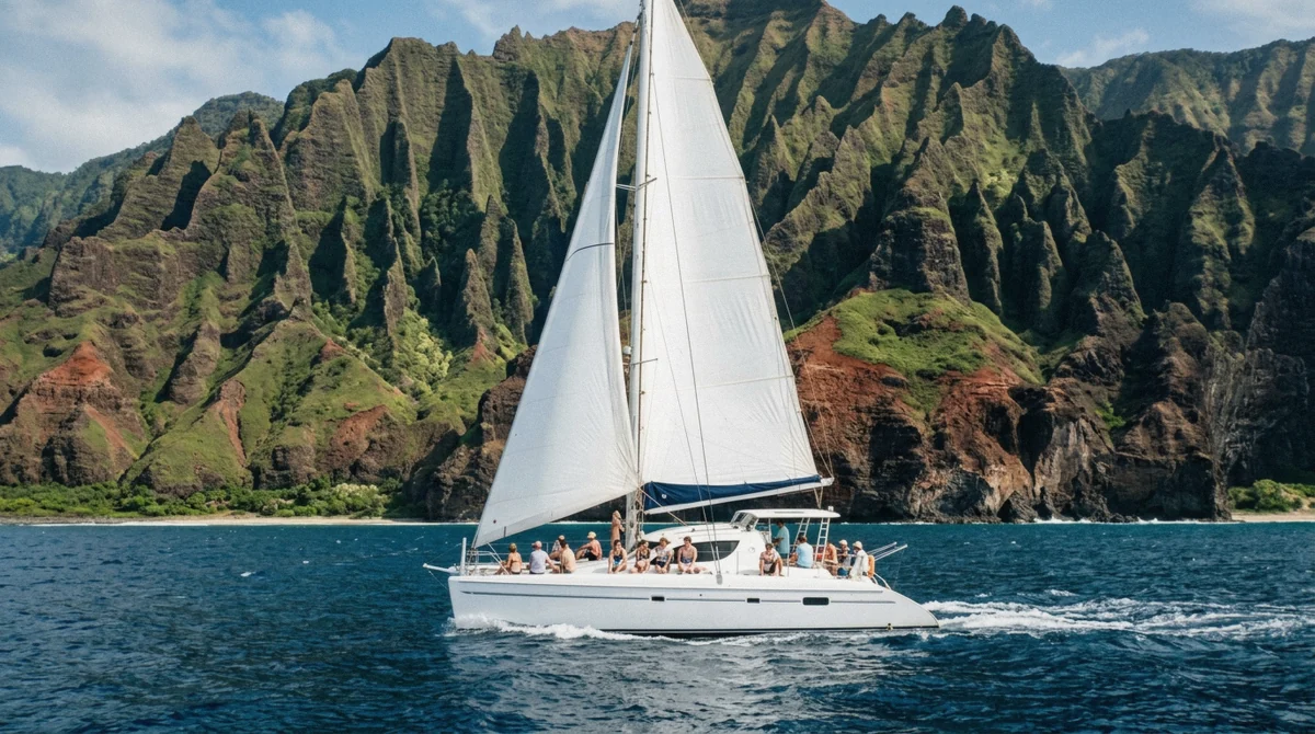 A sailing catamaran below the fluted green cliffs on Napali Coast boat tours, Kauai