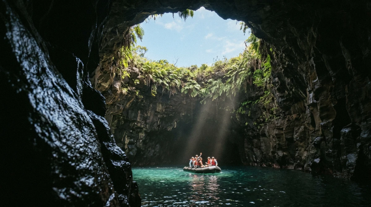 A raft in the sunlit water of Open Ceiling Cave on Na Pali Coast raft boat tours