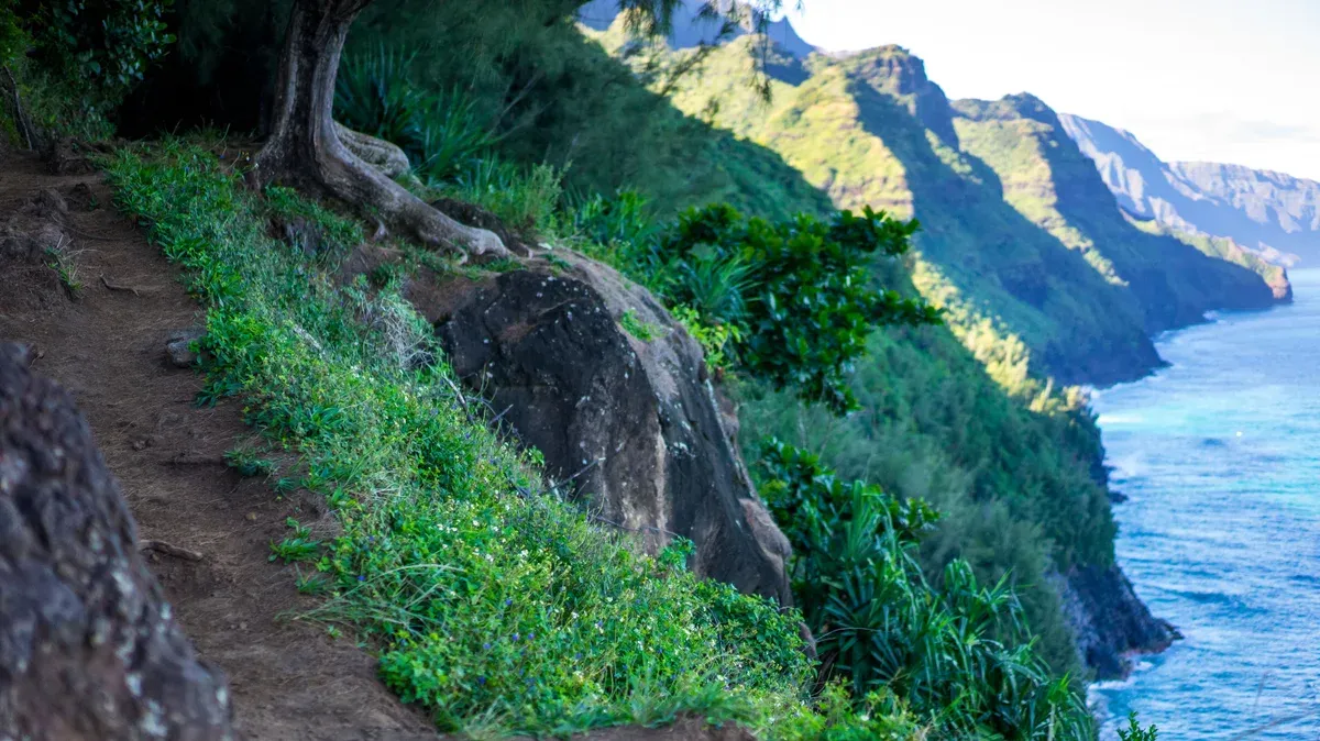 Kalalau Trail clinging to the Na Pali Coast cliffs above the sea on Kauai